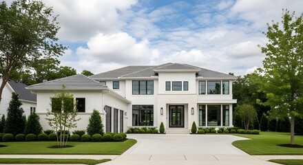 Fototapeta premium Contemporary white luxury mansion with flat roof and large windows situated on perfectly manicured green lawn with white concrete driveway