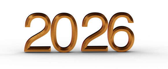 3D render of the year 2026 in golden color against a plain white backdrop. Perfect for new year events or financial fore