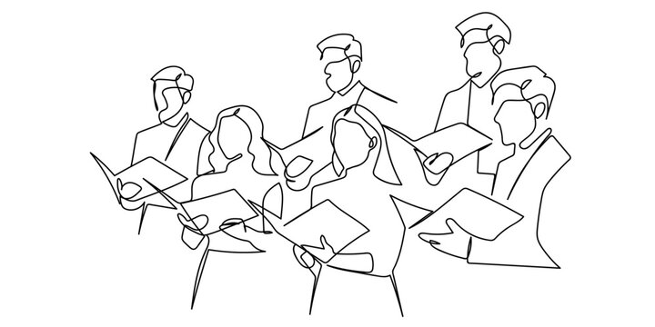 One line drawing. Continuous single line. A group of people singing in harmony. Editable stroke.