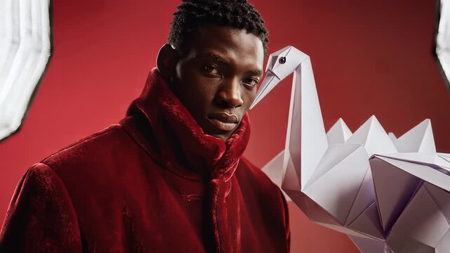 Man in red coat standing next to white origami swan on red background.