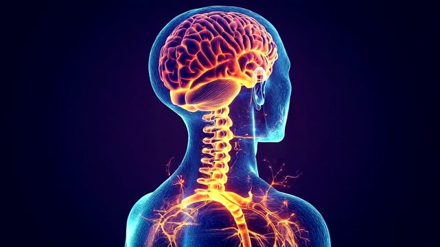 Detailed illustration of a human brain and spine with glowing effects