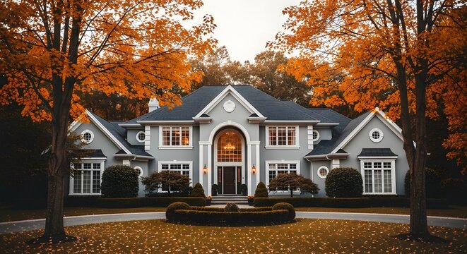 Grand luxury estate in autumn featuring gray facade and white trim surrounded by orange maple trees and fallen leaves on circular driveway