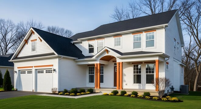 Beautiful modern two story white suburban house with red accents and two car garage on sunny day exterior