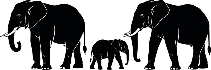 Black silhouette elephant family illustration with adult elephants and baby calf isolated on white background wildlife animal vector design for conservation branding © MstRazia