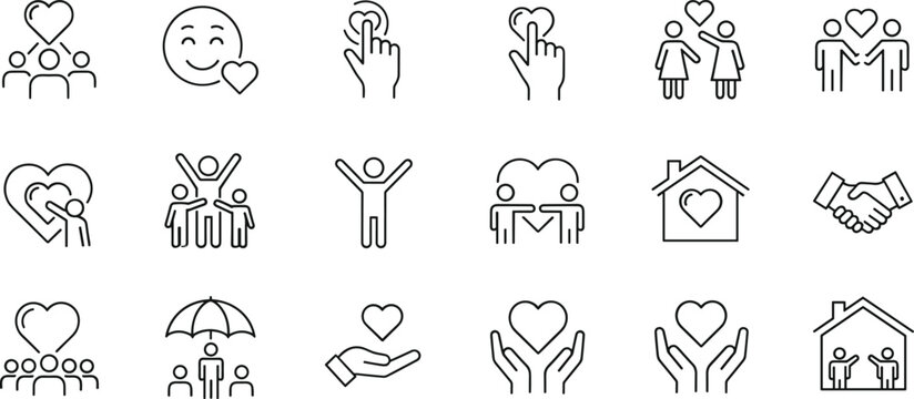 ove Care and Community Line Icon Set Featuring Family Support Charity Relationship and Social Connection Symbols for Healthcare and Awareness