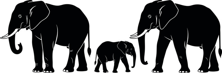 Black silhouette elephant family illustration with adult elephants and baby calf isolated on white background wildlife animal vector design for conservation branding © MstRazia