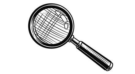 Classic hand-drawn black and white magnifying glass illustration isolated on a white background representing investigation and discovery themes.