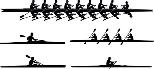 Rowing and kayaking athlete silhouette illustration set featuring team rowing boat and single kayak paddlers isolated on white background water sport vector design © MstRazia