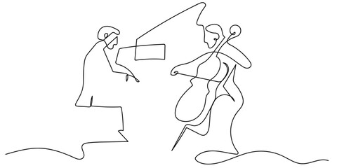 Continuous single line. The musicians are playing piano and cello. Editable stroke. © Proongnee