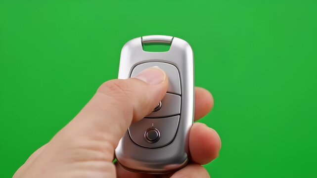 hand holding a silver car key fob with a green background