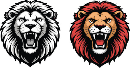 Roaring lion head mascot vector set with black white and colored styles for sports team logo emblem fierce animal illustration design © Azom