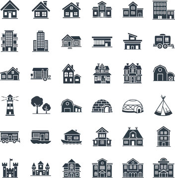 A collection of diverse silhouette icons representing various types of buildings and shelters