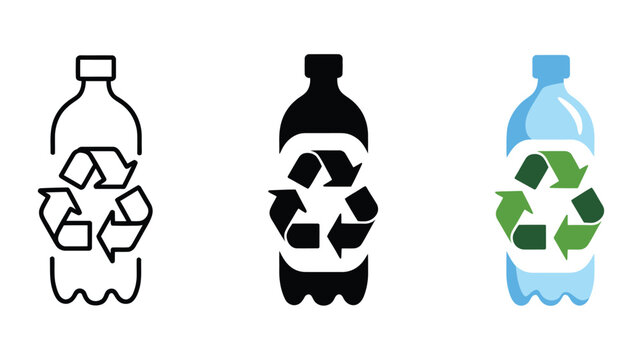 Plastic recycling icon vector sign showing bottles, green leaves, and arrows, sustainable packaging, PET food and beverage concept, outline and filled styles
