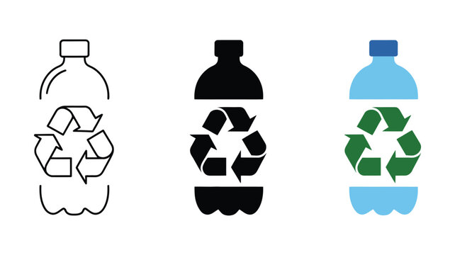 Plastic recycling icon vector sign showing bottles, green leaves, and arrows, sustainable packaging, PET food and beverage concept, outline and filled styles