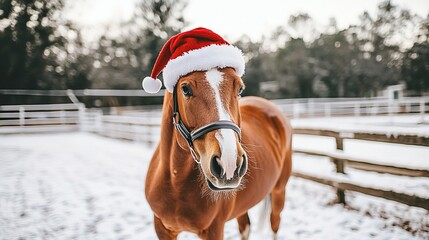 A Joyful Christmas Scene Featuring a Cheerful Horse in a Snowy Landscape Spreading Holiday Cheer