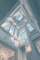 Fototapeta premium Tall interior atrium showcases classical architectural detail with abundant natural illumination