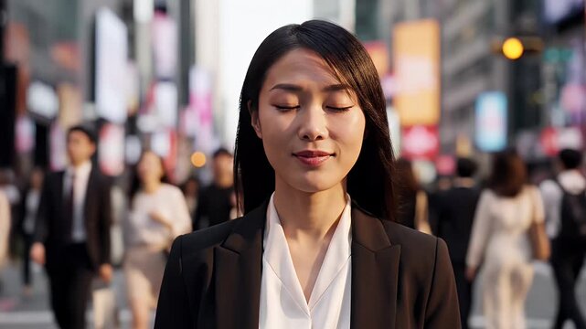 Peaceful Moment in Urban Street - A young woman with closed eyes finds serenity in a busy city. She is wearing business attire amidst a blurred crowd, showcasing her ability to focus and maintain