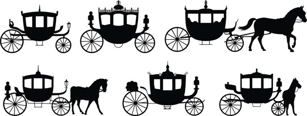 Vintage royal carriage silhouettes collection with horses and ornate coaches, classic transport vector set for historical, fairy tale, and luxury design themes © Azom