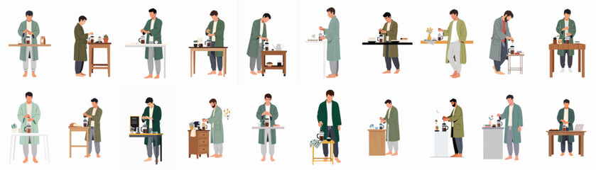 Collection of diverse men in bathrobes preparing and enjoying fresh French press coffee at home, illustrating a relaxed morning routine.