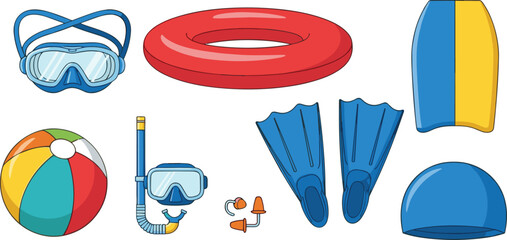 Summer beach and swimming equipment icon set featuring snorkel mask lifebuoy flippers kickboard beach ball swim cap water sport illustration © Azom