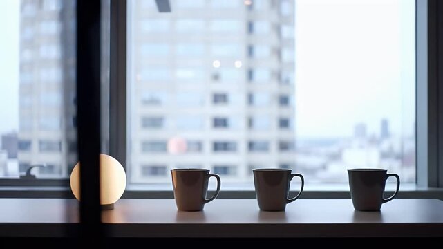 Modern office workspace with three mugs and a decorative lamp against a blurred city skyline view perfect for business concepts and interior design projects