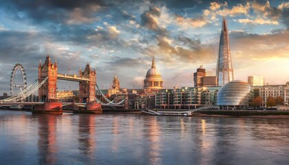 Obraz premium A high-quality, realistic panoramic view of the London city skyline along the River Thames, featuring iconic landmarks like Tower Bridge and The Shard under a dramatic sunset sky