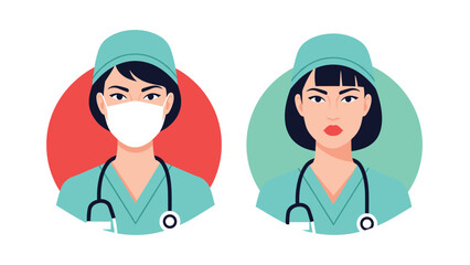 Fototapeta premium Portrait of two female medical workers in green scrubs and caps, one wearing a protective face mask for safety and hygiene.