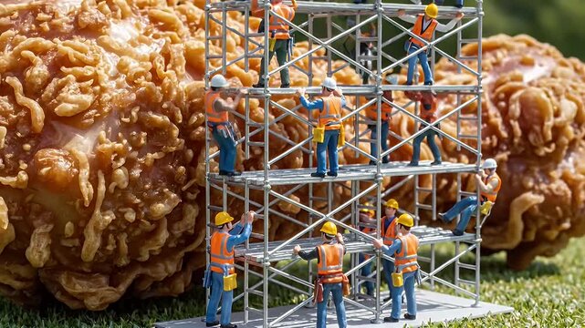 Giant Crispy Fried Chicken Dominates the Frame as Tiny Construction Workers Assemble Scaffolding Nearby on a Green Lawn