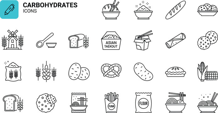 Carbohydrates Food Line Icon Set with Bread Rice Pasta and Grain Nutrition