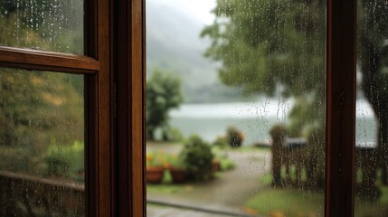 Fototapeta premium Moody Raindrops Glistening on a Windowpane Overlooking a Blurred Cityscape