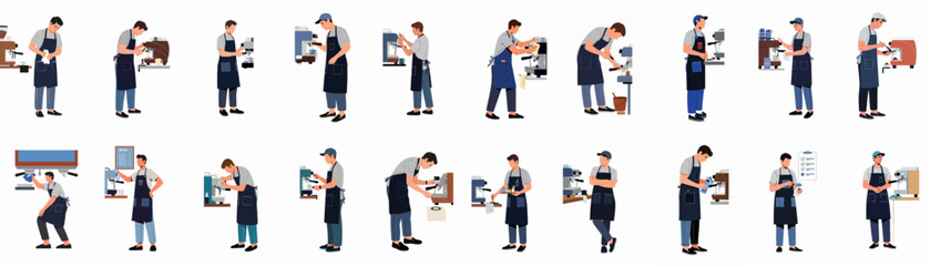 Obraz premium Collection of diverse baristas making and cleaning coffee with espresso machines, showcasing various cafe workflow tasks and professional coffee preparation.