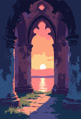 ruins St Karin Cathedral Visby Gothic arches framing view Baltic Sea sunset