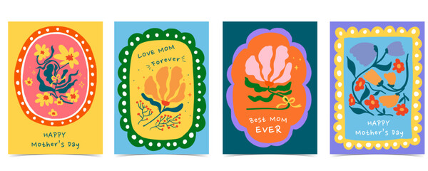 Naklejka premium Cute colorful mother’s day greeting card set with bow,ribbon and floral Illustrations for a4 vertical invitation design