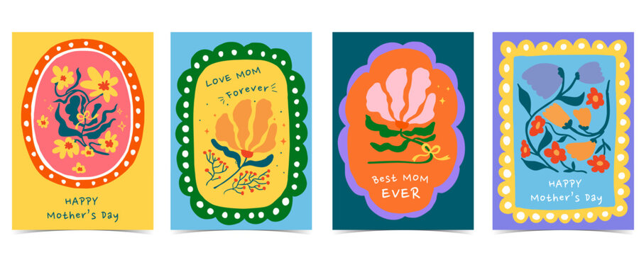 Cute colorful mother&rsquo;s day greeting card set with bow,ribbon and floral Illustrations for a4 vertical invitation design