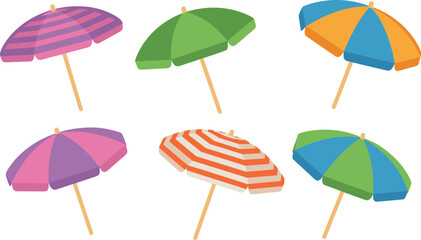 Colorful beach umbrellas vector set isolated on background, summer vacation accessories collection with striped and solid parasols for travel, seaside, holiday design © Azom