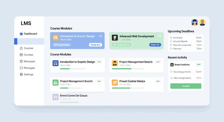 User interface design of a learning management system dashboard with course and project tracking.