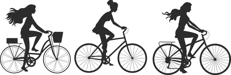 Collection of women riding bicycles silhouettes showcasing urban commuting, healthy lifestyle, eco friendly transport and active female cycling in modern minimal vector style