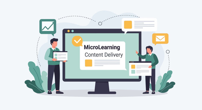 Concept of microlearning content delivery with people interacting with digital educational platform.