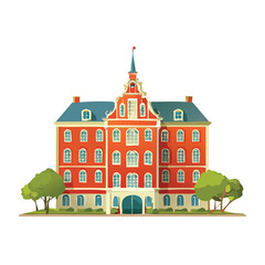 Cartoon illustration of a grand red building with trees