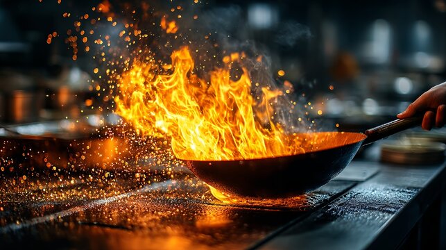 chef tossing food in wok with flames