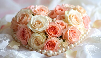 Obraz premium Heart-shaped arrangement of peach and cream roses with pearl accents.