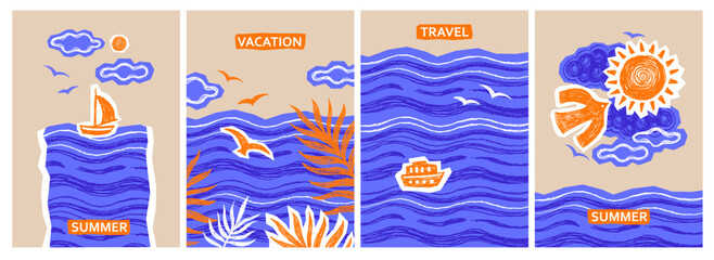 A vibrant set of four vertical posters featuring a summer vacation and travel theme with a distinct grunge texture. These collage-style illustrations include stylized sea waves, boats, seagulls © Inna