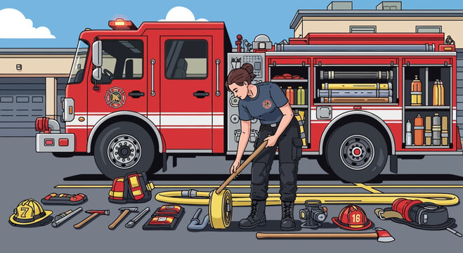Female firefighter meticulously organizing her essential gear and tools.