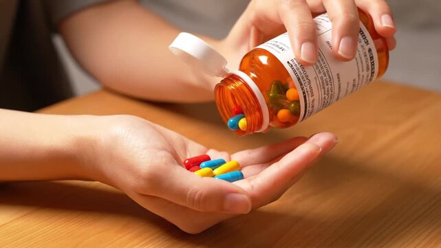 A person's hands pour colorful capsules from an orange prescription bottle into their open palm.
