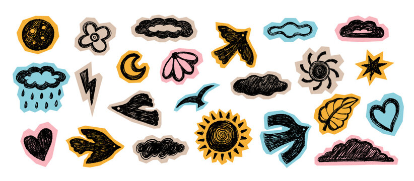 A playful collection of weather and nature icons featuring a grainy textured doodle style. These collage-inspired stickers include clouds, suns, flying birds, and hearts with colorful cutout backgroun