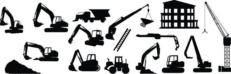 Construction machinery silhouette set featuring excavators cranes dump truck building tractor ladder heavy equipment industrial tools vector illustration collection © Azom
