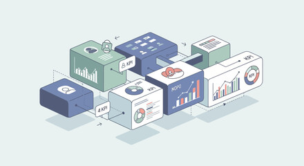 Isometric illustration of data analytics and business intelligence with charts and graphs.