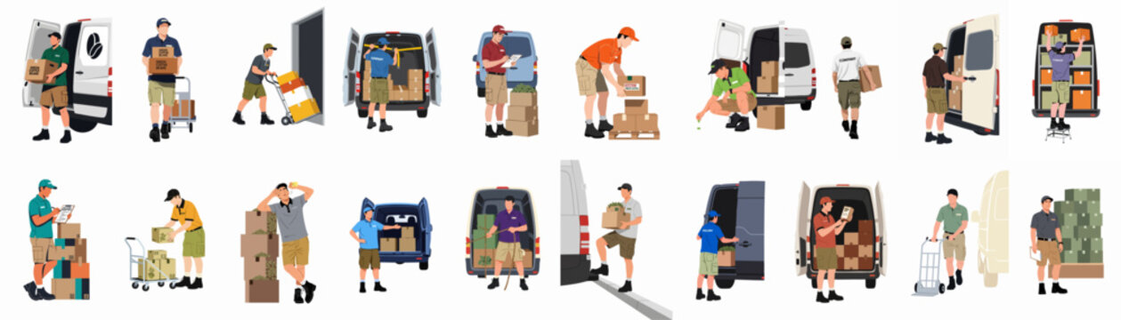 Collection of Delivery and Logistics Workers Loading and Unloading Vans with Green Coffee Bean Boxes