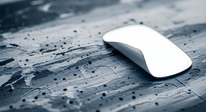 Modern white computer mouse on wet wooden surface with rain droplets surrounding it perfectly
