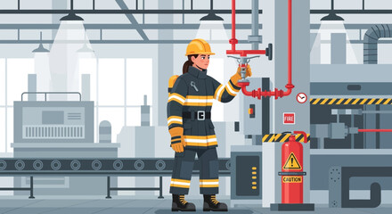 Fototapeta premium Firefighter inspecting industrial fire suppression system.